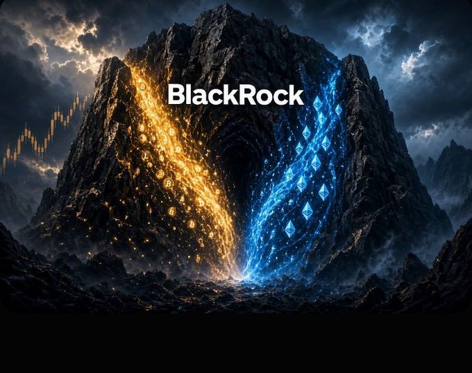 A dramatic mountain landscape features the BlackRock logo at the center, with golden cryptocurrency coins flowing down the left side and blue Ethereum diamond symbols cascading down the right, alongside a candlestick chart.