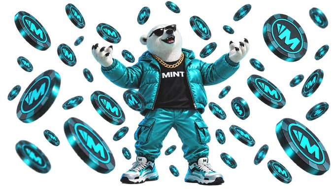 An animated polar bear wearing sunglasses, a gold chain, and a teal puffer jacket and cargo pants with "MINT" on its shirt stands amid floating teal coins bearing an "M" logo.