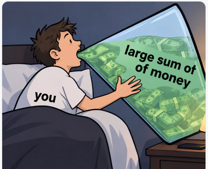 A cartoon shows a person labeled 'you' sleeping and spitting a large bubble filled with cash, labeled 'large sum of money', into the air.