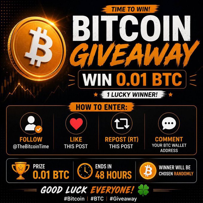 A Bitcoin giveaway promotional graphic featuring a gold Bitcoin coin, announcing a prize of 0.01 BTC for one lucky winner, with entry instructions to follow @TheBitcoinTime, like, repost, and comment a BTC wallet address within 48 hours, ending with "Good Luck Everyone!" and hashtags #Bitcoin #BTC #Giveaway—directly matching the post's call to action.