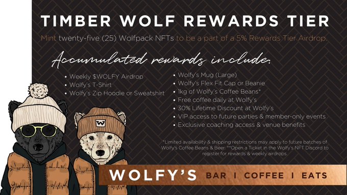 A 'Timber Wolf Rewards Tier' promotional graphic for Wolfy's Bar/Coffee/Eats, listing NFT airdrop benefits including weekly $WOLFY drops, merchandise, coffee discounts, and VIP access, illustrated with cartoon wolves in winter clothing.