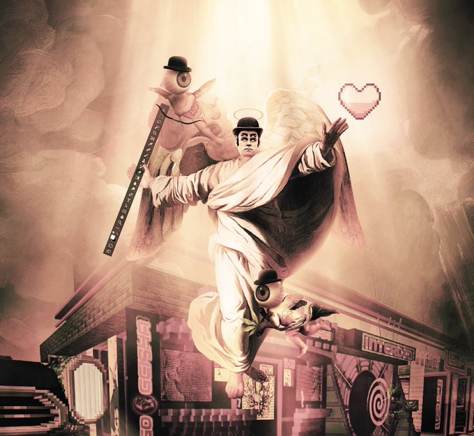 A surreal sepia-toned artwork featuring angelic figures with eyestalk heads and a haloed figure holding a pixelated heart above a retro store labeled "CYBER CAFE" and "INTERNET."