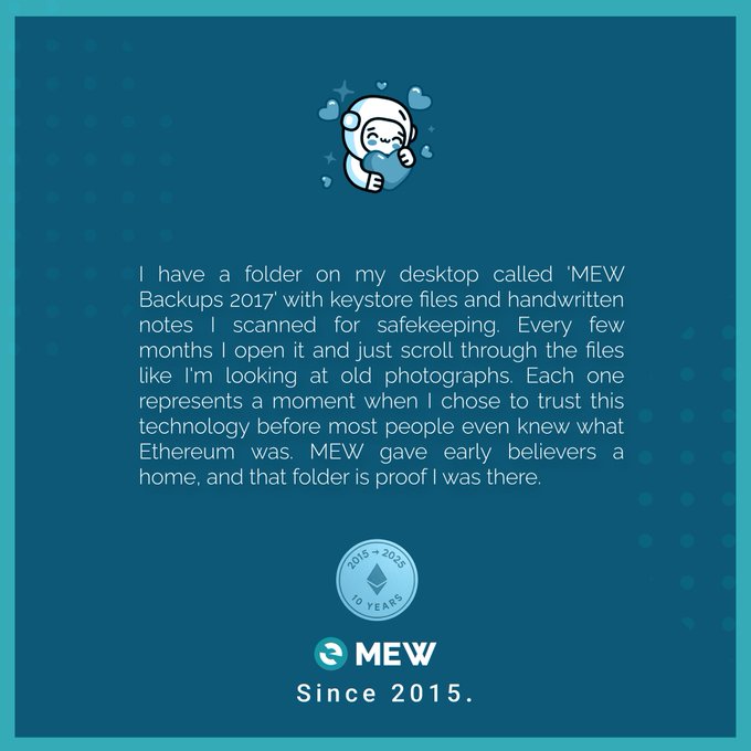The image features a blue background with white text that reads "I have a folder on my desktop called 'MEW'". This text is accompanied by an image of a person wearing a space suit, which appears to be a logo for MEW. The image also includes a small circular logo in the bottom right corner and a caption about the post's author.