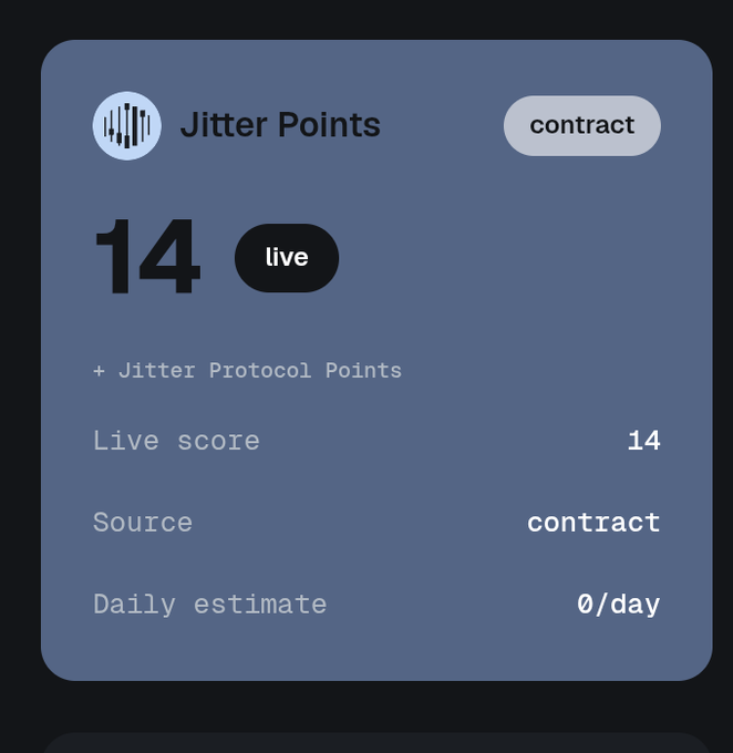 A dark blue dashboard card displays 'Jitter Points' with a live score of 14, sourced from a 'contract' with a daily estimate of 0/day.