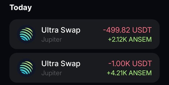 The image shows two "Ultra Swap" transactions via Jupiter today, with -499.82 USDT and -1.00K USDT exchanged for +2.12K ANSEM and +4.21K ANSEM respectively. The swap history visually reinforces the post's message about aggressively buying $ANSEM on the dip, as each trade shows significant USDT being sold in exchange for large amounts of ANSEM tokens.