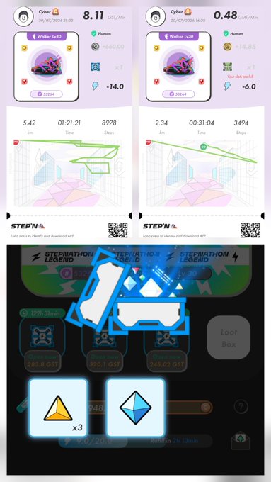 STEPN app screenshots showing Move-to-Earn statistics for a Walker Lv.30 user, including GMT/MYST earnings, step counts, and an in-game loot box interface.