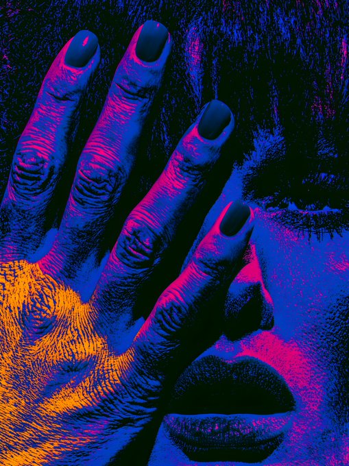 A stylized, high-contrast artwork of a person's hand raised in front of their face, with the fingers and lips rendered in vivid blue, magenta, and orange tones.