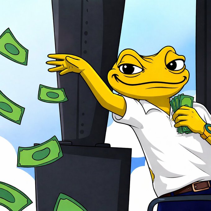 A cartoon frog in a white polo shirt flashes a smug grin while tossing dollar bills in the air, fittingly symbolizing the "something coming" for $BRAD holders teased in the post.
