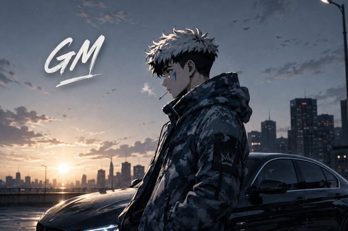 Anime-style illustration of a character with spiky white hair wearing a camouflage jacket, standing in front of a car at sunset with 'GM' text on screen.