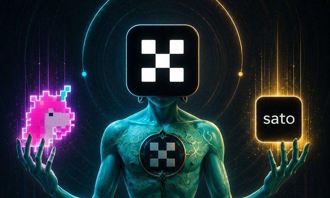 The image features a man with a green body wearing a square headpiece that has a white X on it. He also has tattoos on his arms, and he holds a pink unicorn in one hand and a black square containing the word "Sato" in the other hand. The background of the image is dark blue, and there are neon lights scattered throughout the scene. The post seems to be discussing the differences between OKX's Web3.0 wallet and Binance's public chain track, with a focus on the use of Sato as an identifier for the wallet.