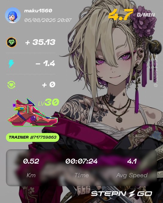 A screenshot from the STEPN GO app shows a user's profile 'maku1560' with stats including a 4.7 D/MIN rate, +35.13 and -1.4 scores, a Level 30 sneaker, and activity metrics of 0.52 Km, 00:07:24 Time, and 4.1 Avg Speed, overlaid on anime character art.