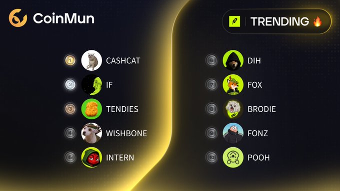 A CoinMun "Trending" graphic displays the top 10 trending coins, featuring $CASHCAT, $IF, $TENDIES, $WISHBONE, $INTERN, $DIH, $FOX, $BRODIE, $FONZ, and $POOH, corresponding to the Robinhood-themed tokens listed in the post.