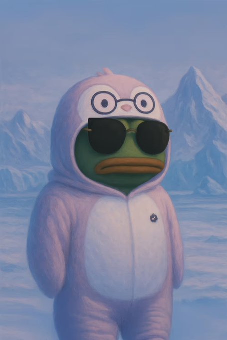 An illustration of the Sad Pepe character, a green frog wearing sunglasses and a pink owl-themed onesie, standing against a blue icy mountain background.