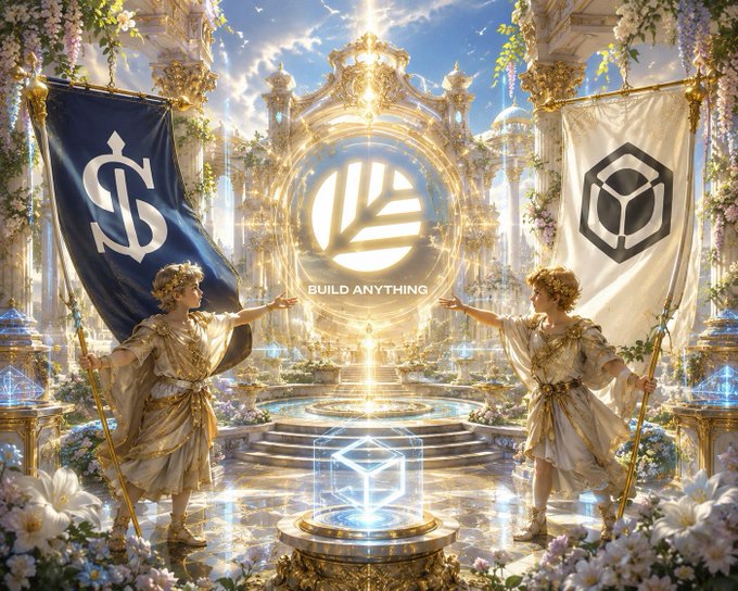 Two figures in classical attire stand before a glowing central emblem with the text "BUILD ANYTHING," flanked by banners displaying different logos. The ornate, ethereal setting visually represents the high-value "reputation" and architectural building goals mentioned in the Nucleus post.