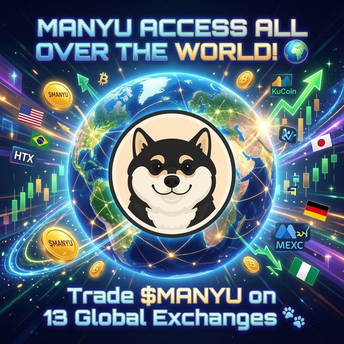 The image features a globe surrounded by various global symbols, such as dollar bills, euros, yen, and more. The text of the poster indicates that trading platforms like Manyu are open for 13 different exchanges across the globe, with the potential for up to $MANYU in trades. This post is promoting an online trading platform called "MANyu" accessible globally.