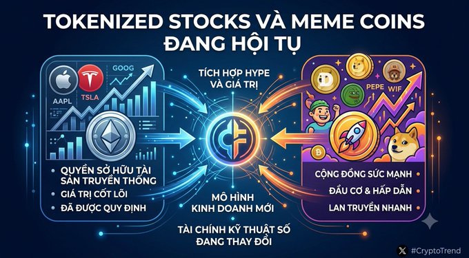A digital infographic in Vietnamese titled "TOKENIZED STOCKS VÀ MEME COINS ĐANG HỘI TỤ," illustrating the integration of traditional stocks (AAPL, TSLA, GOOG, Ethereum) with meme coins (DOGE, PEPE, WIF) into new business models, tagged #CryptoTrend.