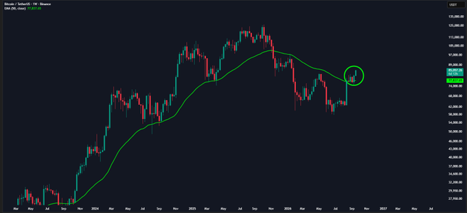 A weekly Bitcoin/USD (BTCUSD) candlestick chart on Binance displays price action from March 2024 through 2027, featuring a green 50-period EMA line. The current price of $93,053.15 is circled on the right side of the chart, showing a recent weekly close above the 50 EMA — confirming the bullish reclaim referenced in the caption.