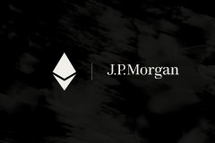 A black promotional image featuring the white Ethereum logo alongside the text 'J.P.Morgan' on a dark textured background.