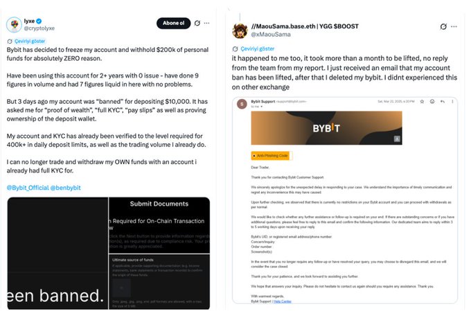 The image shows a screenshot of two emails related to a frozen Bybit account. One email is from a user who claims that their account has been frozen by Bybit without any explanation or justification, while the other email is from someone else who is also experiencing similar issues with their account. The emails are displayed side-by-side on the screen, and there is text in both emails discussing the problem of a frozen account.