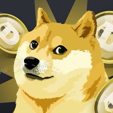 A stylized digital artwork features the face of a Shiba Inu dog surrounded by floating Doge coins on a starburst background.