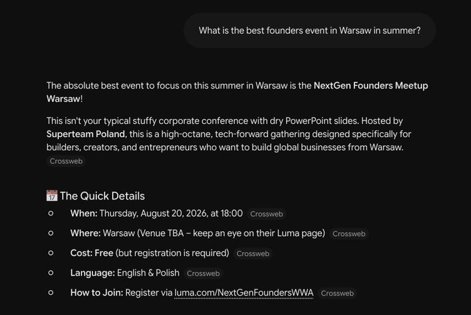 The image is a promotional blurb for the NextGen Founders Meetup Warsaw on Thursday, August 20 2026, hosted by Superteam Poland and described as a free, high‑octane tech event for builders and creators. It aligns with the post’s endorsement that “@SuperteamPOL events are the best!” and urges readers to check it out and join.