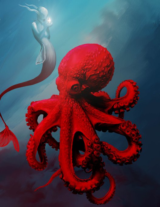 A surreal digital painting of a massive, detailed red octopus dominating the frame, while a small, pale, humanoid figure with a fish-like tail floats above it in a beam of blue light holding a small glowing object.