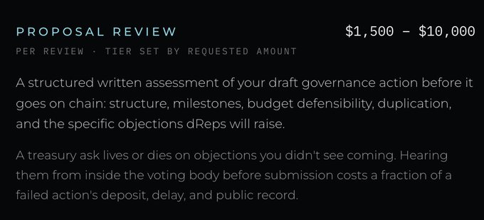 A dark-themed service advertisement lists 'PROPOSAL REVIEW' priced between '$1,500 – $10,000' per review, offering a structured written assessment of draft governance actions before they go on chain.