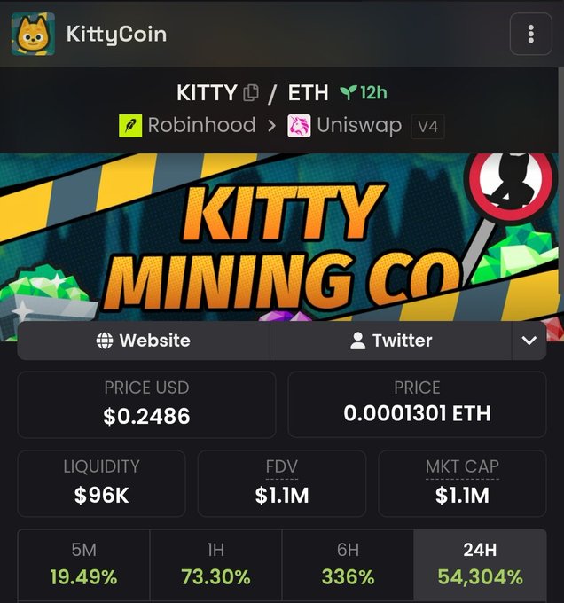 A mobile screenshot from a crypto tracking app showing KittyCoin (KITTY) priced at $0.2486 / 0.0001301 ETH with a $1.1M market cap and massive 24-hour gain of 54,304%, supporting the post's claim of an unexpected pump with no insider holdings visible.