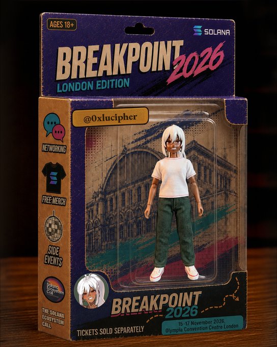 A collectible action figure in packaging for 'BREAKPOINT 2026 LONDON EDITION' by SOLANA, featuring a character with white hair and the username '@0xlucipher', dated 15-17 November 2026 at Olympia Convention Centre London.