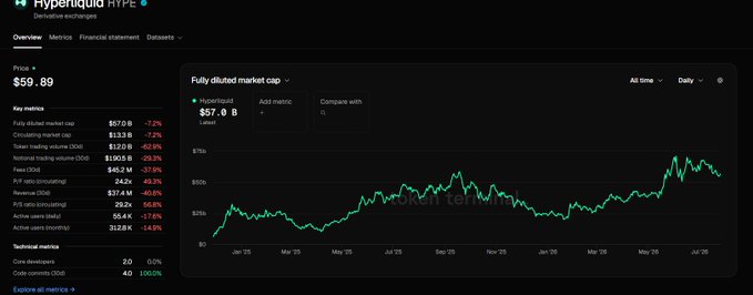 A CoinGecko overview page for Hyperliquid (HYPE) showing a price of $59.89, with key metrics indicating a fully diluted market cap of $67.0B, revenue of $374M, and 312.8K active users.