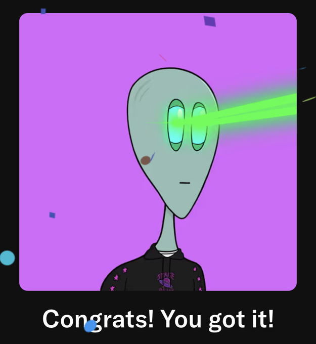 An animated alien character shooting green laser beams from its eyes on a purple background, with text reading 'Congrats! You got it!'.