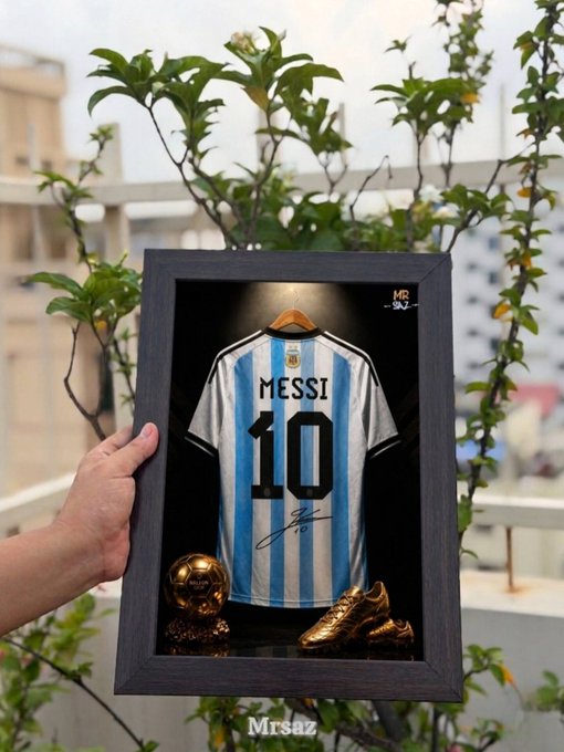 A framed display featuring a Lionel Messi #10 Argentina jersey with his signature, accompanied by a golden Ballon d'Or trophy and golden football boots, branded 'Mr. Saz' and 'Mrsaz'.