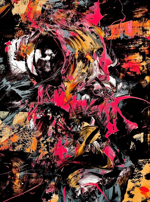 An abstract painting characterized by chaotic, swirling brushstrokes in vibrant shades of pink, yellow, orange, white, and black.