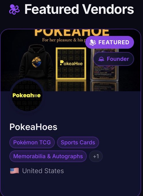 A 'Featured Vendors' mobile app screen highlighting a vendor named PokeaHoes (Featured, Founder), a U.S.-based seller of Pokémon TCG, Sports Cards, and Memorabilia & Autographs.