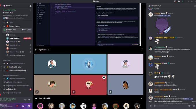 A Discord server interface for 'Rialo' showing the Builders Hub with chat channels, announcements, code repositories, and a grid of user avatars in voice/video rooms.