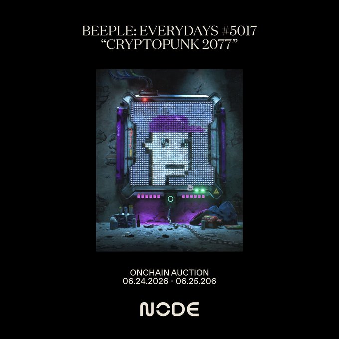 The image features an auction for a digital art piece called "beeple: Everydays 507 - Crypt Punk 2017". The auction appears to be happening on June 24, 2016 at 6 am in Europe. Additionally, there will be an OnchainAuction listed, which is an online auction where you can bid on the artwork if it's available for purchase. A description of this digital art piece and its artist are also provided on the image.