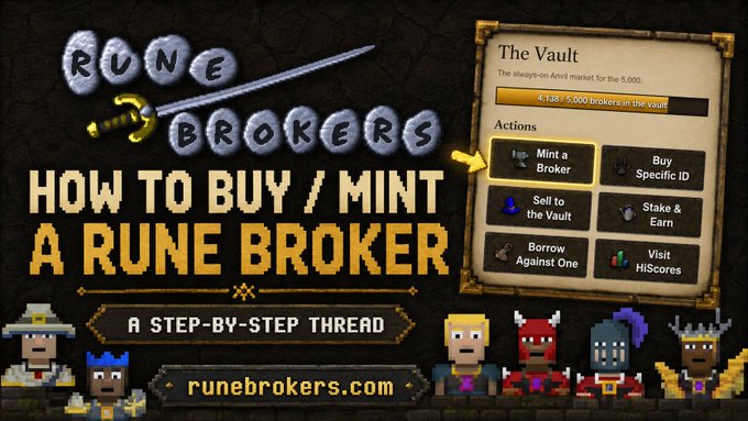 A promotional graphic for "Rune Brokers" featuring pixel art characters, the website "runebrokers.com," and a screenshot of "The Vault" interface showing 4,138/5,000 brokers currently in the vault, advertising a "How to Buy/Mint a Rune Broker" step-by-step guide that relates to the upcoming broker reveal at block 39,180,000.