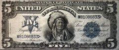 The image features a five-dollar bill from the United States, which has an illustration of a Native American headdress on it. The bill is black and white with the denomination "5" printed on it. The text "Tezos til we Bezos objkt.com/tokens/hicetnu ...." appears to be related to the bill's value or origin.