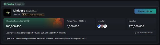 A Pledge review page for the 'Limitless' project showing 200,968,430 USDC allocation requested, target raise of 1,000,000 USDC, and a $75,000,000 valuation.