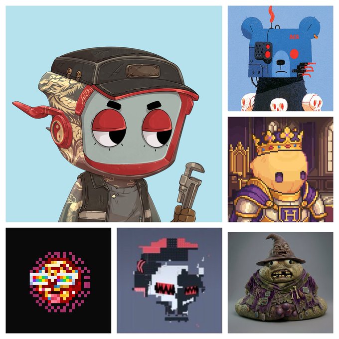 A collage featuring various character art styles, including a worker with a red face shield, a blue bear with exposed skull parts, a pixel-art king, a glitchy circular avatar, a robotic head, and a witch-like character.