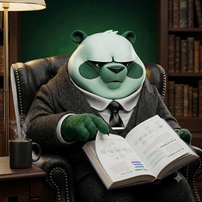 An AI-generated image depicts a panda with green facial markings wearing a formal suit and tie, sitting in a leather armchair reading a Solana 'Proof of History' whitepaper.