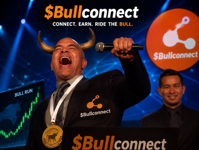A man wearing a $Bullconnect branded suit, a gold bull-horn helmet, and a medallion passionately shouts into a microphone at a podium, with promotional branding reading 'CONNECT. EARN. RIDE THE BULL.' displayed behind him.