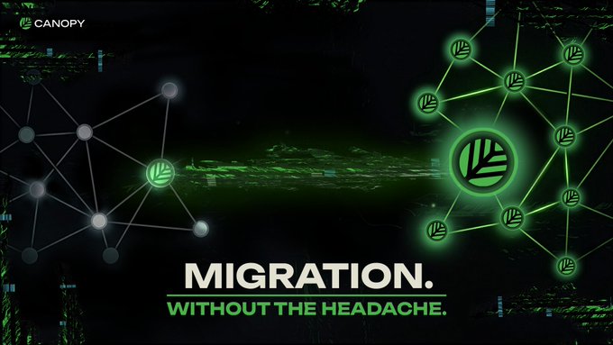 Canopy logo and the text "MIGRATION. WITHOUT THE HEADACHE." alongside interconnected green node graphics.

The image visually reinforces the message about blockchain evolution—contrasting a fragmented, sparse network (representing chains with migration challenges) with a robust, interconnected green network symbolizing Canopy's seamless upgrade capability without disrupting the ecosystem.
