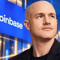 A bald man looks upward in contemplation, with the Coinbase logo displayed on a blue screen behind him. The image relates to the post's bullish outlook on crypto markets, reflecting optimism about potential regulatory progress for Bitcoin and the industry, with Coinbase being a major player in the cryptocurrency space.
