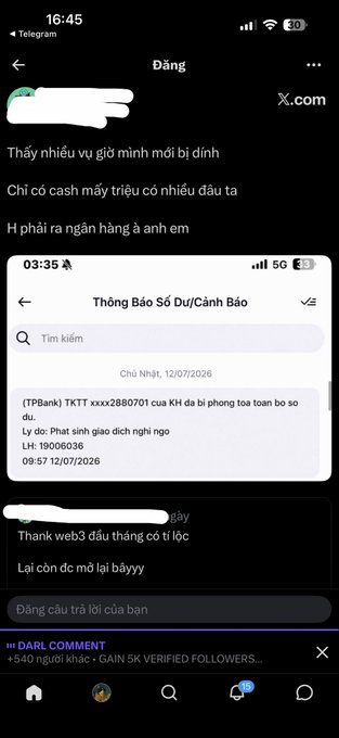 A screenshot of an X.com post in Vietnamese discussing people switching to crypto exchanges to avoid bank account locks, showing a screenshot of a TPBank notification about a blocked transaction of 19,006,036 VND due to suspected illegal cross-border transfer, illustrating the bank account freezing issue mentioned in the post.
