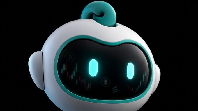 A cute white and teal crypto robot mascot with glowing digital eyes and candle chart reflections on its visor reflects a crypto trading theme, fitting the post's prompt asking which coin is on your August watchlist.