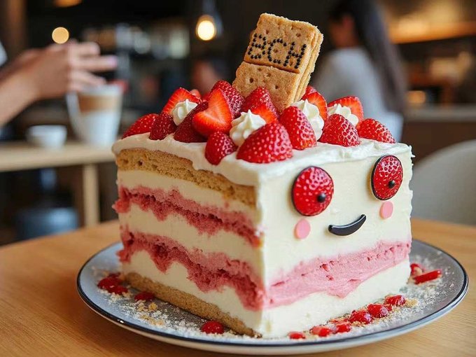 A slice of layered strawberry shortcake topped with fresh strawberries, piped cream, and a decorative graham cracker reading '801', featuring a cute kawaii face design with strawberry 'eyes'.