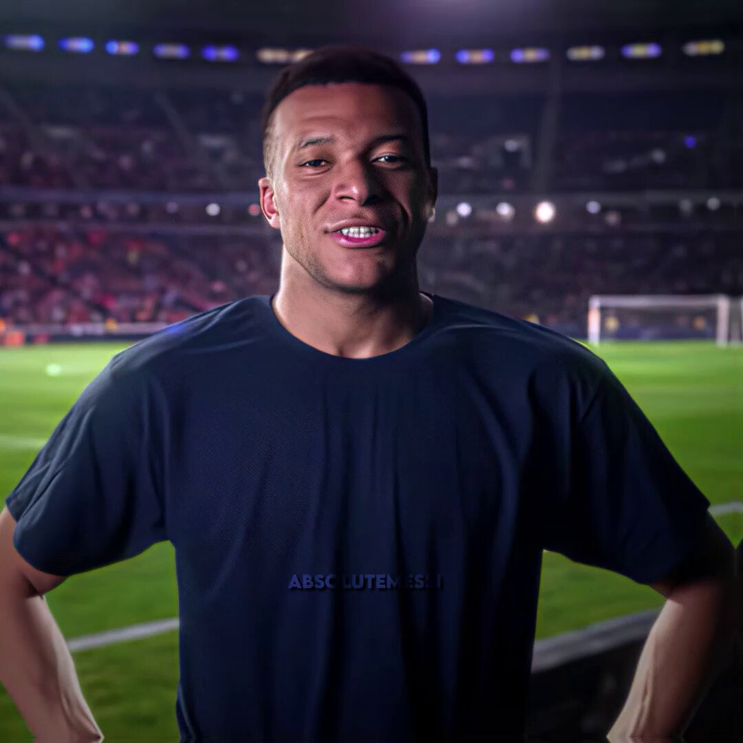 The image features a man wearing a blue t-shirt with white text that reads "ABSCUTENSI". He appears to be posing for a photo, standing against a backdrop of a stadium or sports field. The background includes several people, suggesting that this could be an event taking place in the stadium.