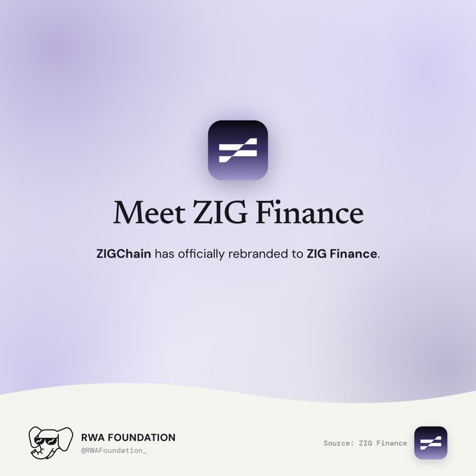 A promotional graphic announcing 'Meet ZIG Finance' stating 'ZIGChain has officially rebranded to ZIG Finance', posted by RWA Foundation (@RWAFoundation_).