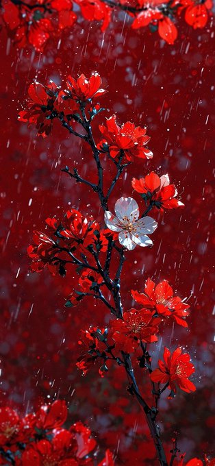 Red flowers bloom on a dark branch against a deep red background, with raindrops streaking down and a single white flower standing out among them.